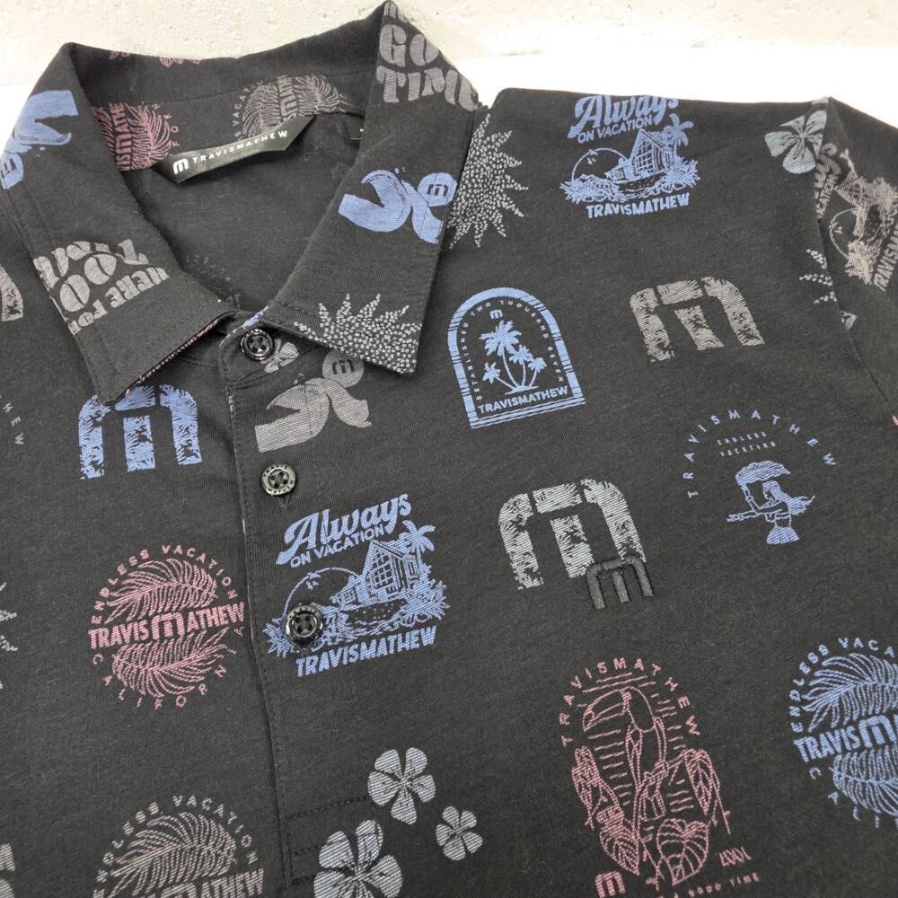 Travis Mathew Shirt Mens XL Black Polo Cove Dive Golf Mermaid Performance AOP
